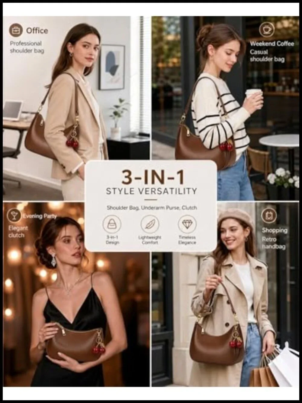 PU Leather Hobo Shoulder Bag with Zipper Closure and Cherry Charm